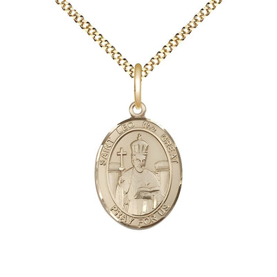 St. Leo the Great 14kt Gold-filled Oval Medal Pendant with Gold-plated Chain, Measures 3/4-inch tall by 1/2-inch wide, Bliss Manufacturing