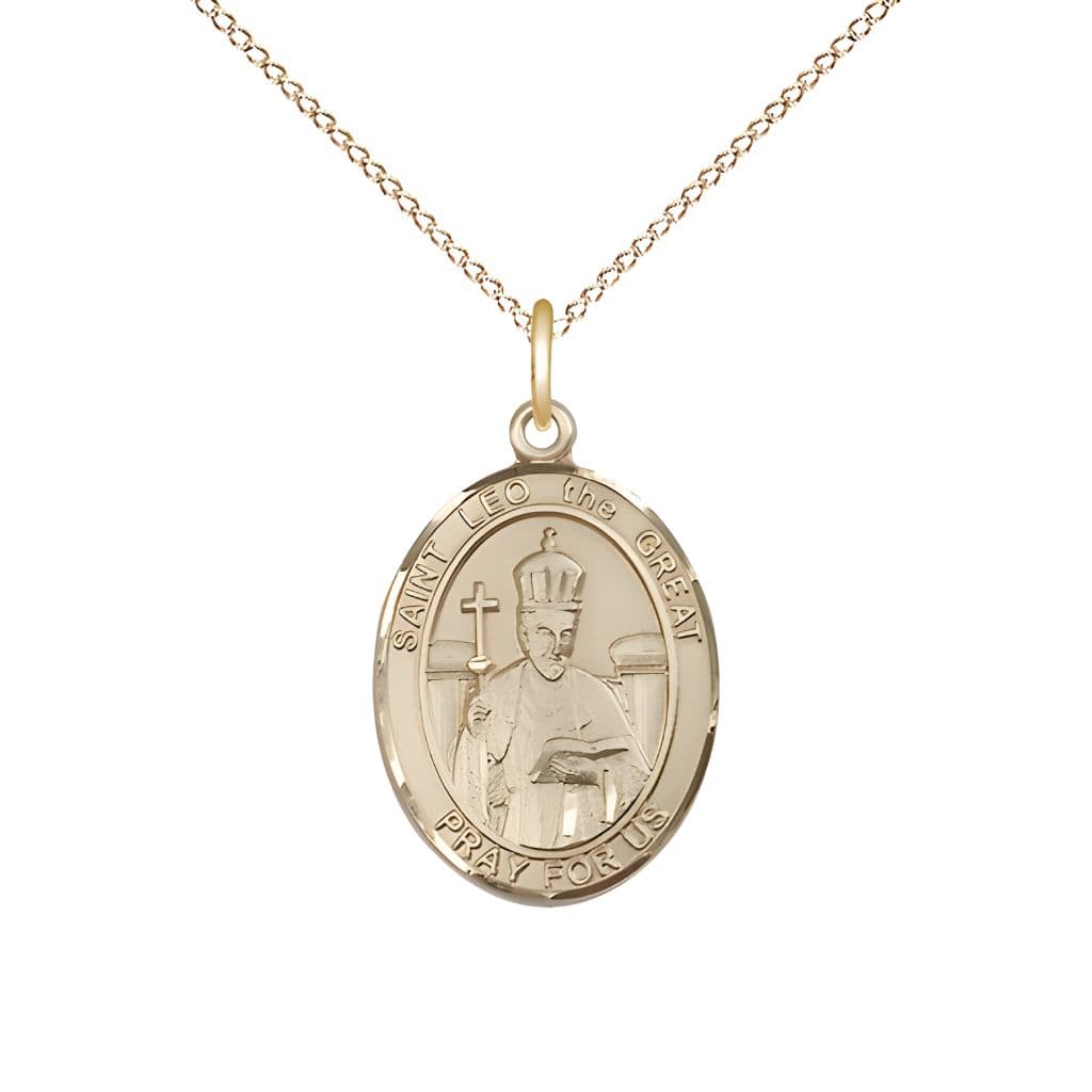 Bliss St. Leo the Great 14kt Gold Oval Medal Pendant with 14kt Gold Chain, Measures 3/4-inch tall by 1/2-inch wide.