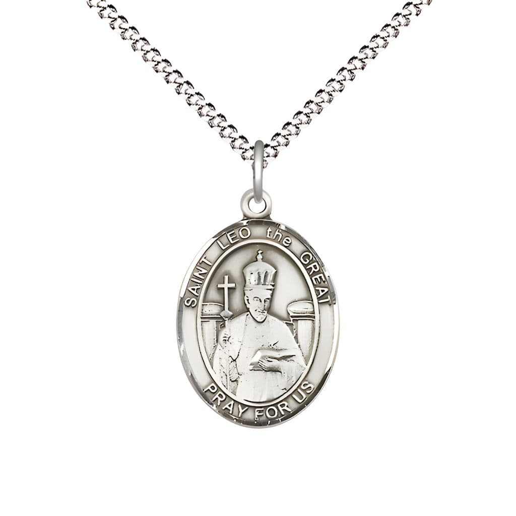 Bliss St. Leo the Great Pewter Oval Medal Pendant with Rhodium-plated Chain, Measures 3/4-inch tall by 1/2-inch wide.