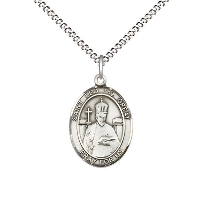 St. Leo the Great Pewter Oval Medal Pendant with Rhodium-plated Chain, Measures 3/4-inch tall by 1/2-inch wide, Bliss Manufacturing