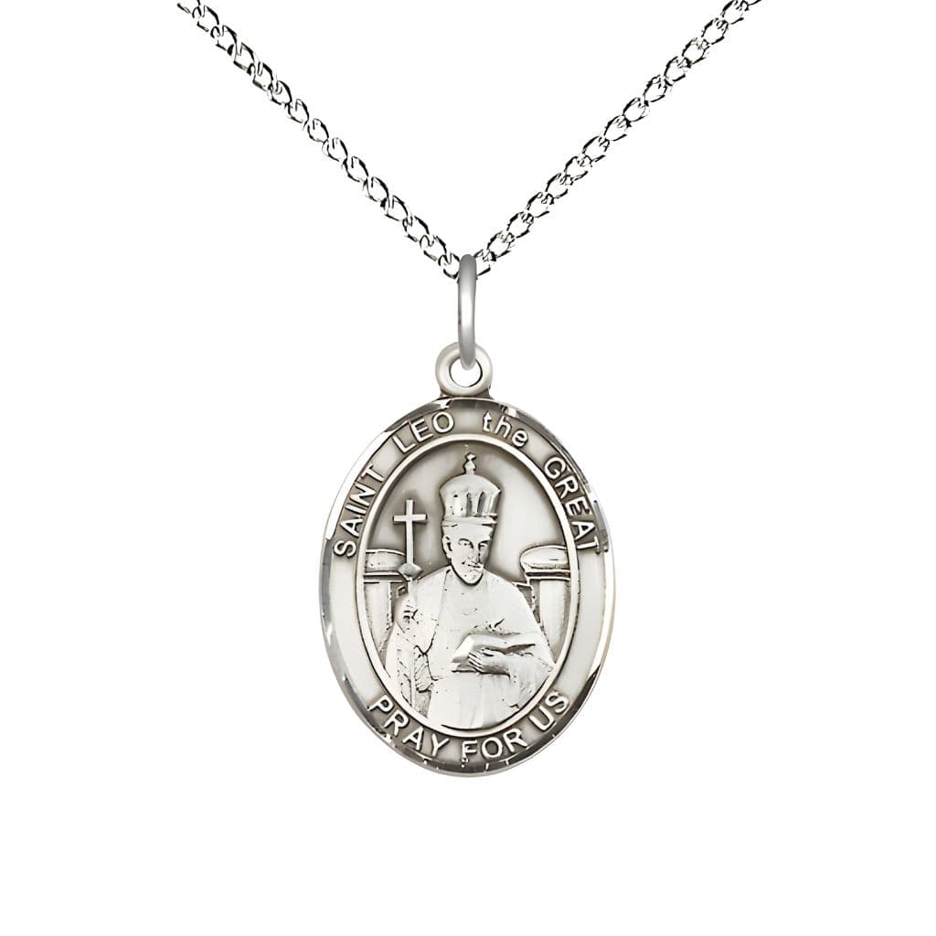 Bliss St. Leo the Great Sterling Silver Oval Medal Pendant with Sterling Chain, Measures 3/4-inch tall by 1/2-inch wide.