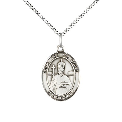 St. Leo the Great Sterling Silver Oval Medal Pendant with Sterling Chain, Measures 3/4-inch tall by 1/2-inch wide, Bliss Manufacturing