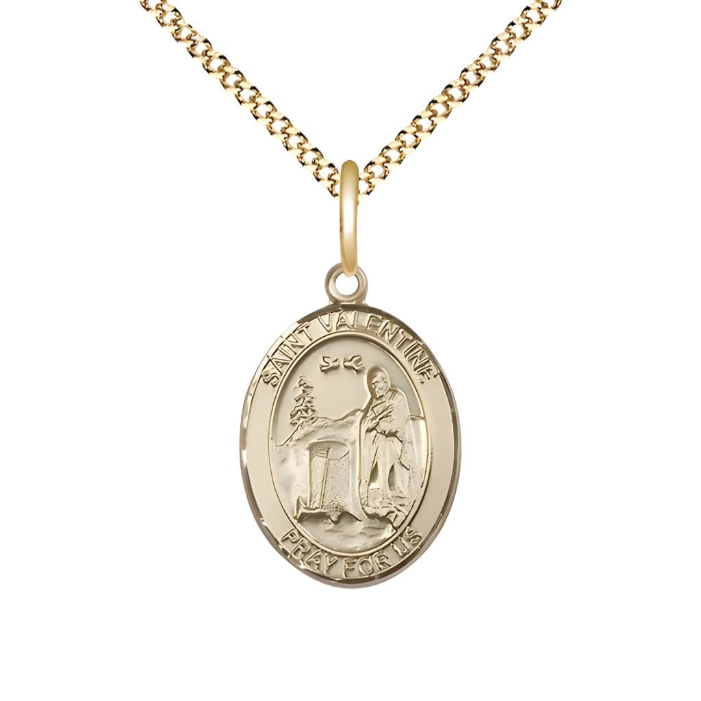 Bliss St. Valentine of Rome 14kt Gold-filled Oval Medal Pendant with Gold-plated Chain, Measures 3/4-inch tall by 1/2-inch wide.