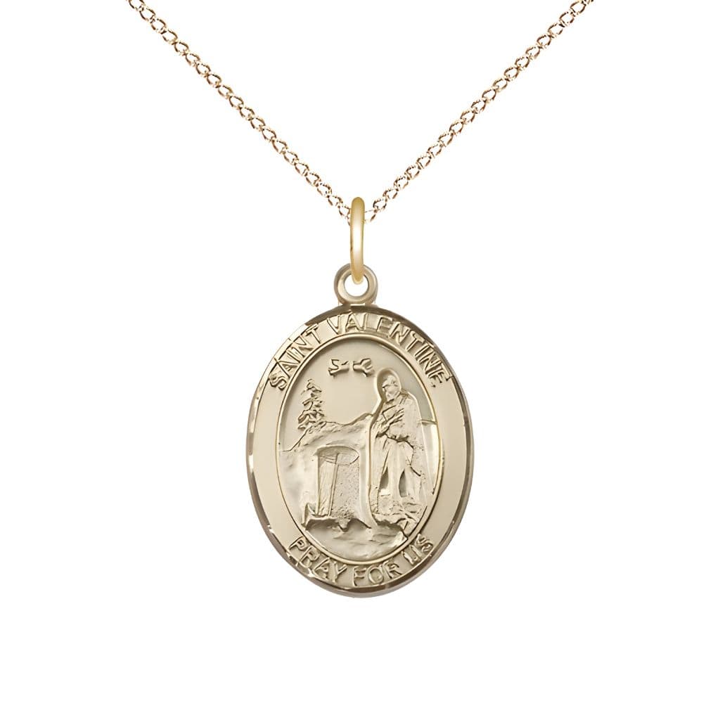 Bliss St. Valentine of Rome 14kt Gold Oval Medal Pendant with 14kt Gold Chain, Measures 3/4-inch tall by 1/2-inch wide.