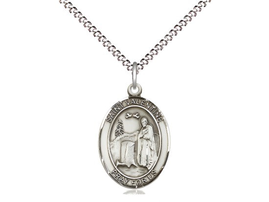 Bliss Medium Sterling Silver St Valentine of Rome Pendant on a 18 inch Light Rhodium-plated Light Curb Chain,