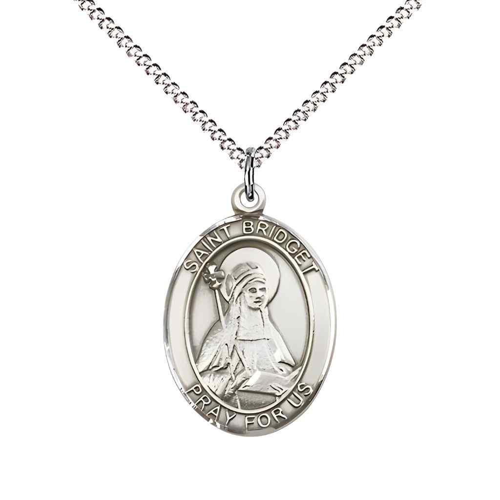 Medium Saint Bridget of Sweden Pewter Oval Medal Pendant with 18" Rhodium-plated Curb Chain in Deluxe Gift Box | Bliss Manufacturing