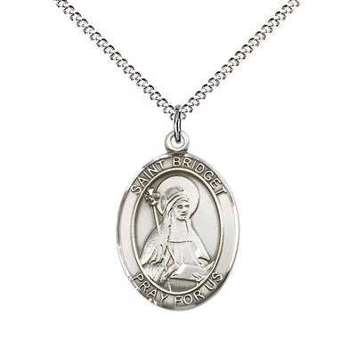 Medium Saint Bridget of Sweden Pewter Oval Medal Pendant with 18" Rhodium-plated Curb Chain in Deluxe Gift Box | Bliss Manufacturing