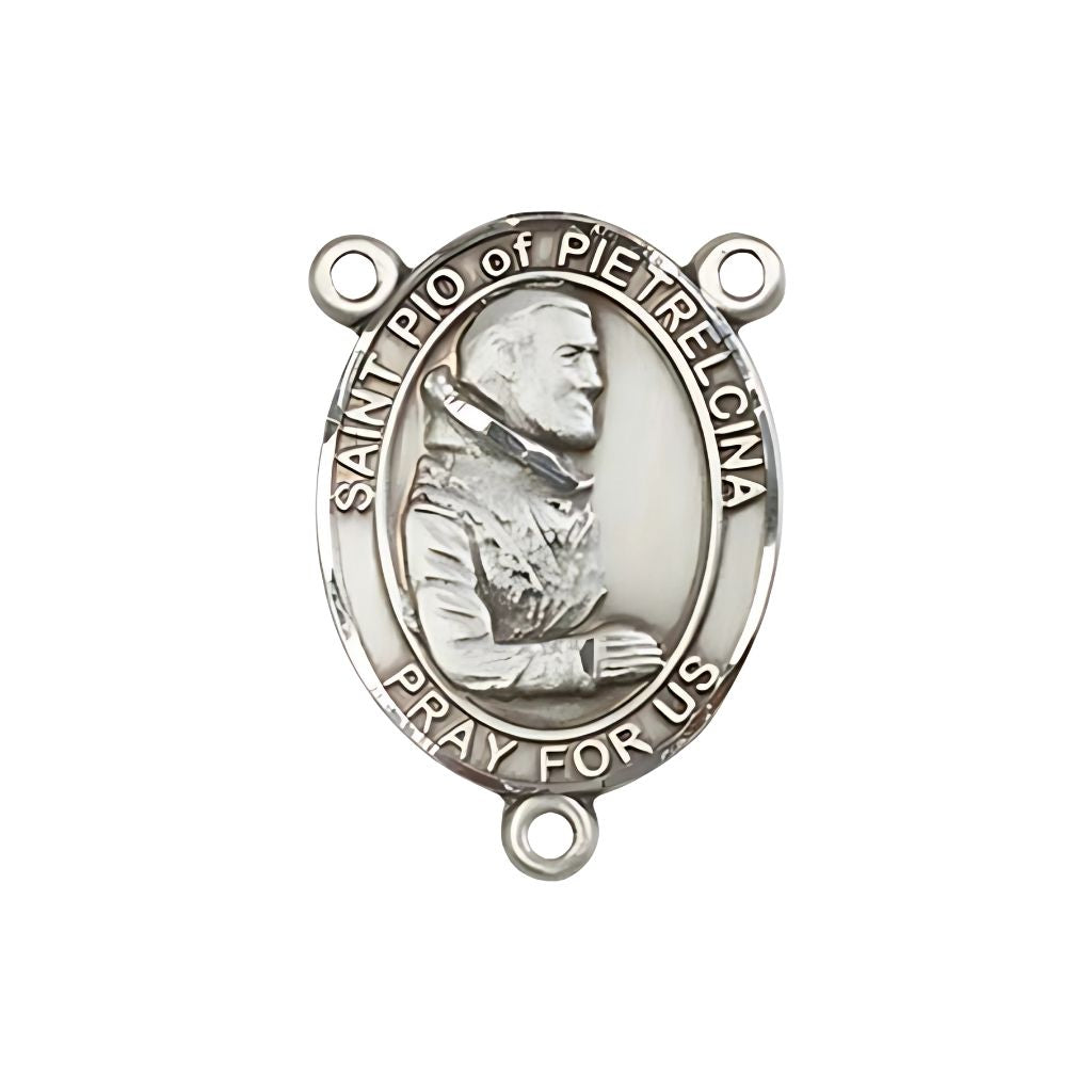 Bliss St. Pio of Pietrelcina Engravable Silver Rosary Centerpiece, Measures 3/4-inch tall by 1/2-inch wide