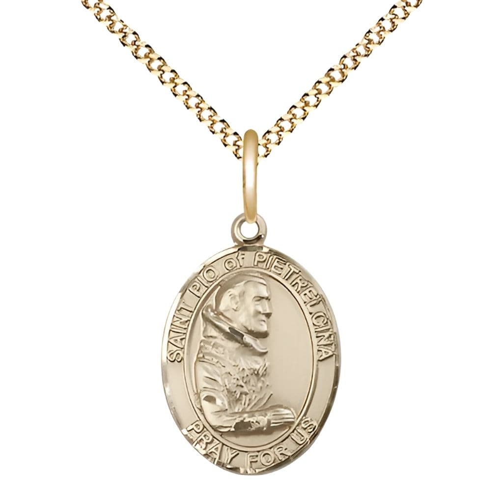 St. Padre Pio Gold-filled Oval Engravable Medal Necklace with Gold-Plated Chain, 3/4-inch,