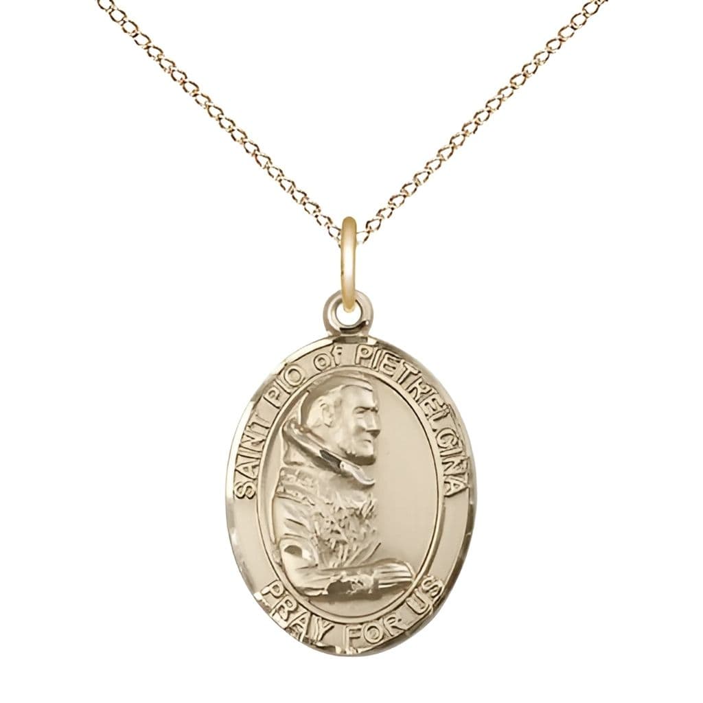 Bliss St. Padre Pio 14kt Gold Oval Medal with 14kt Gold Chain, 3/4-inch,