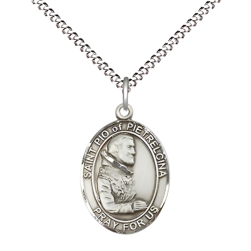 Bliss St. Padre Pio Pewter Oval Engravable Medal Necklace with Chain, 3/4-inch,