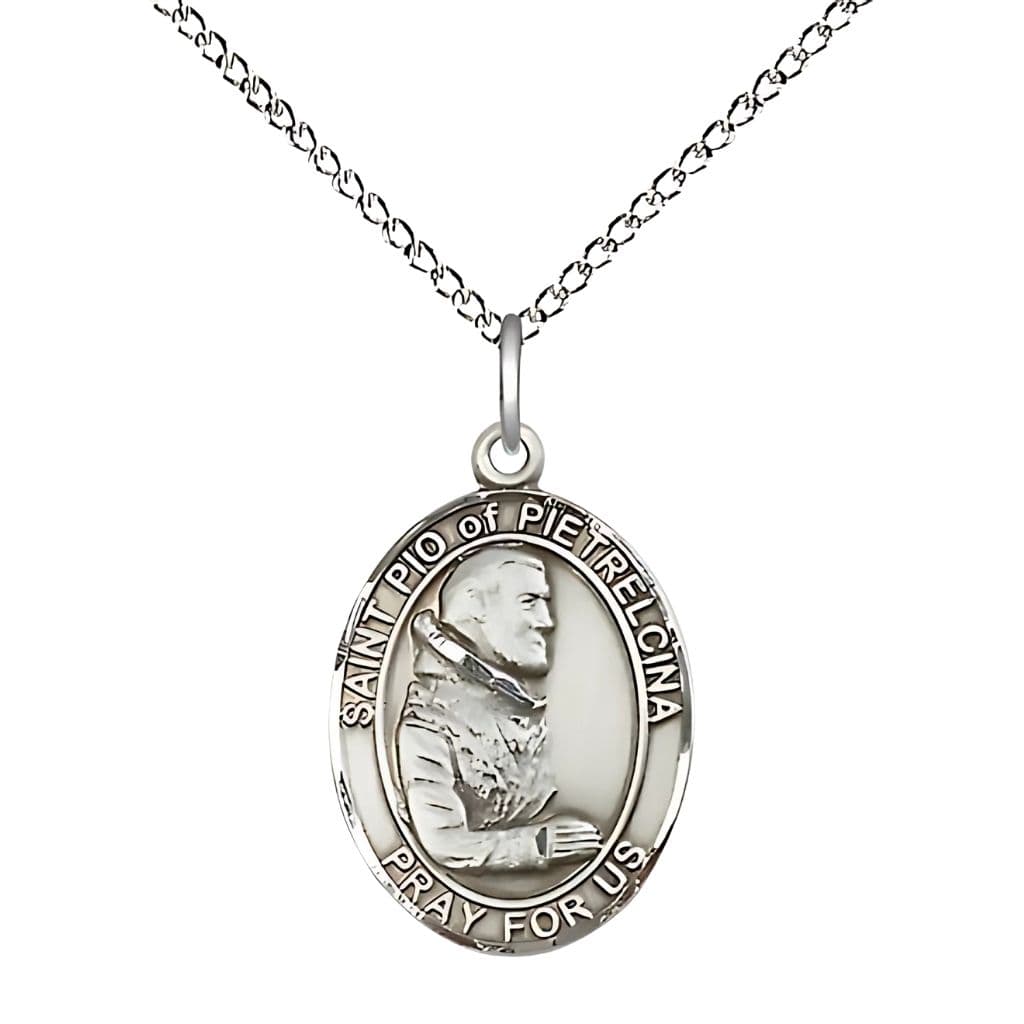 Bliss St. Padre Pio Sterling Silver Oval Engravable Medal Necklace with Sterling Silver Chain, 1-inch,