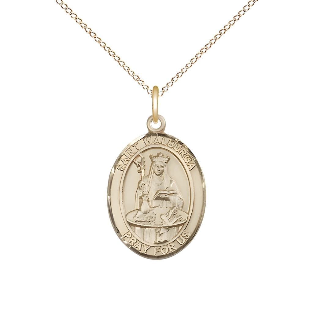 Bliss St. Walburga 14kt Gold Oval Medal Pendant with 14kt Gold Chain, Measures 3/4-inch tall by 1/2-inch wide.