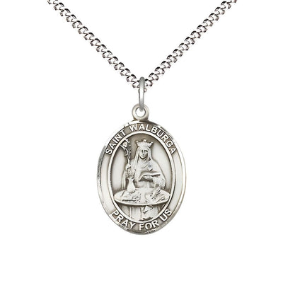 St. Walburga Sterling Silver Oval Medal Pendant with Rhodium-plated Chain, Measures 3/4-inch tall by 1/2-inch wide, Bliss Manufacturing