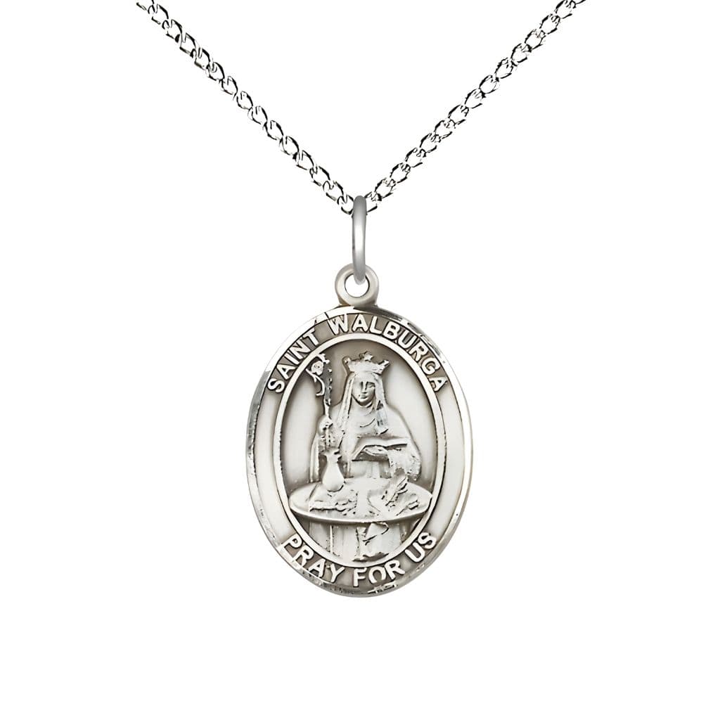 Bliss St. Walburga Sterling Silver Oval Medal Pendant with Sterling Chain, Measures 3/4-inch tall by 1/2-inch wide.