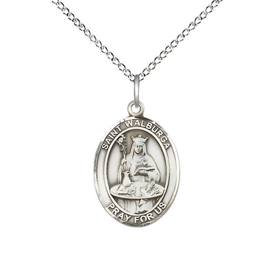 St. Walburga Sterling Silver Oval Medal Pendant with Sterling Chain, Measures 3/4-inch tall by 1/2-inch wide, Bliss Manufacturing