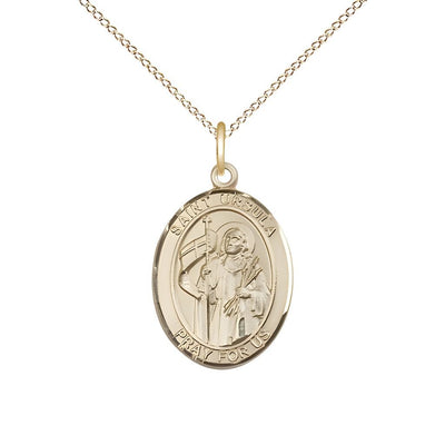 St. Ursula 14kt Gold Oval Medal Pendant with 14kt Gold Chain, Measures 3/4-inch tall by 1/2-inch wide, Bliss Manufacturing