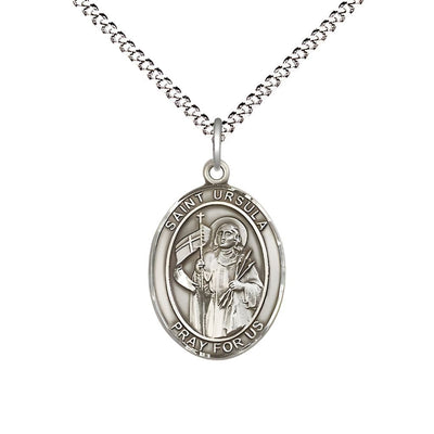 St. Ursula Sterling Silver Oval Medal Pendant with Rhodium-plated Chain, Measures 3/4-inch tall by 1/2-inch wide, Bliss Manufacturing