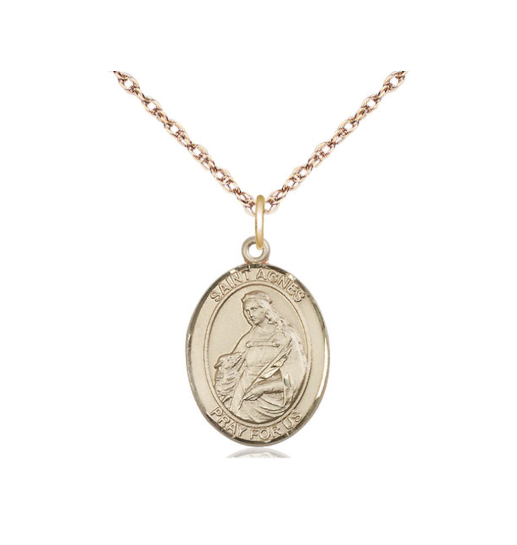 Bliss 14kt Gold Filled St Agnes of Rome Pendant on a Gold Filled Light Rope Chain,