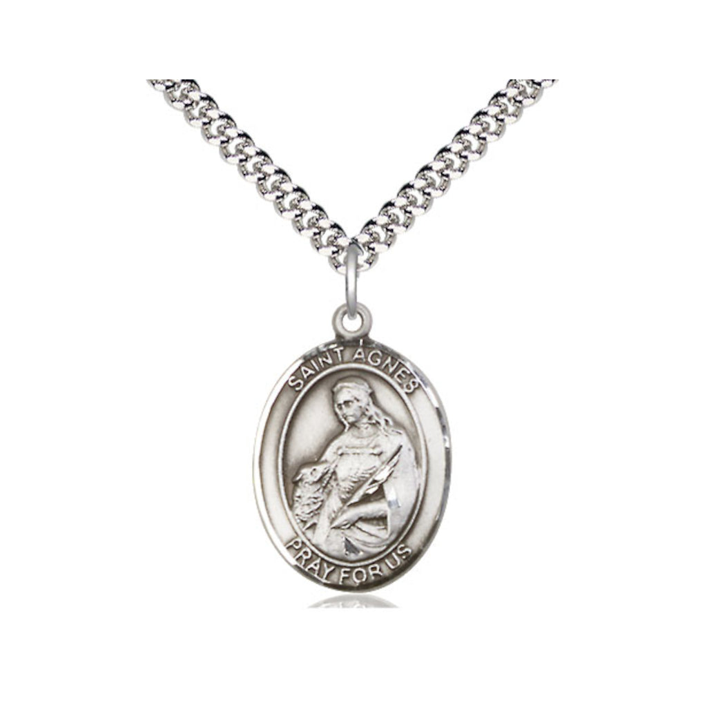 Bliss Pewter St Agnes of Rome Pendant on a Rhodium Heavy Curb Chain,