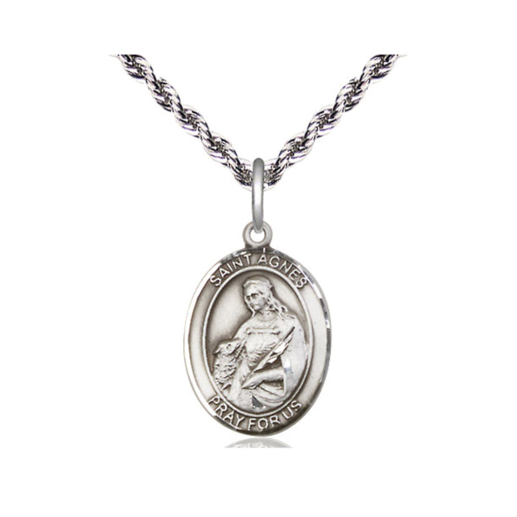 Bliss Pewter St Agnes of Rome Pendant on a Light Rhodium French Rope Chain,