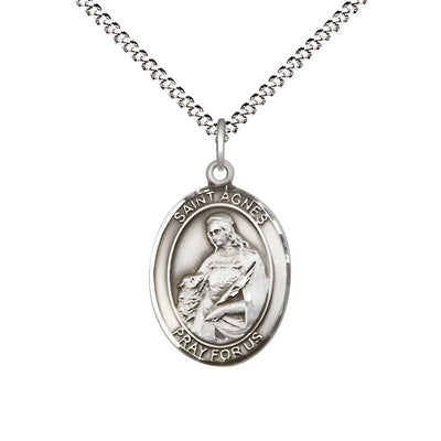St. Agnes of Rome Pewter Oval Medal Pendant with Rhodium-plated Chain, Measures 3/4-inch tall by 1/2-inch wide, Bliss Manufacturing