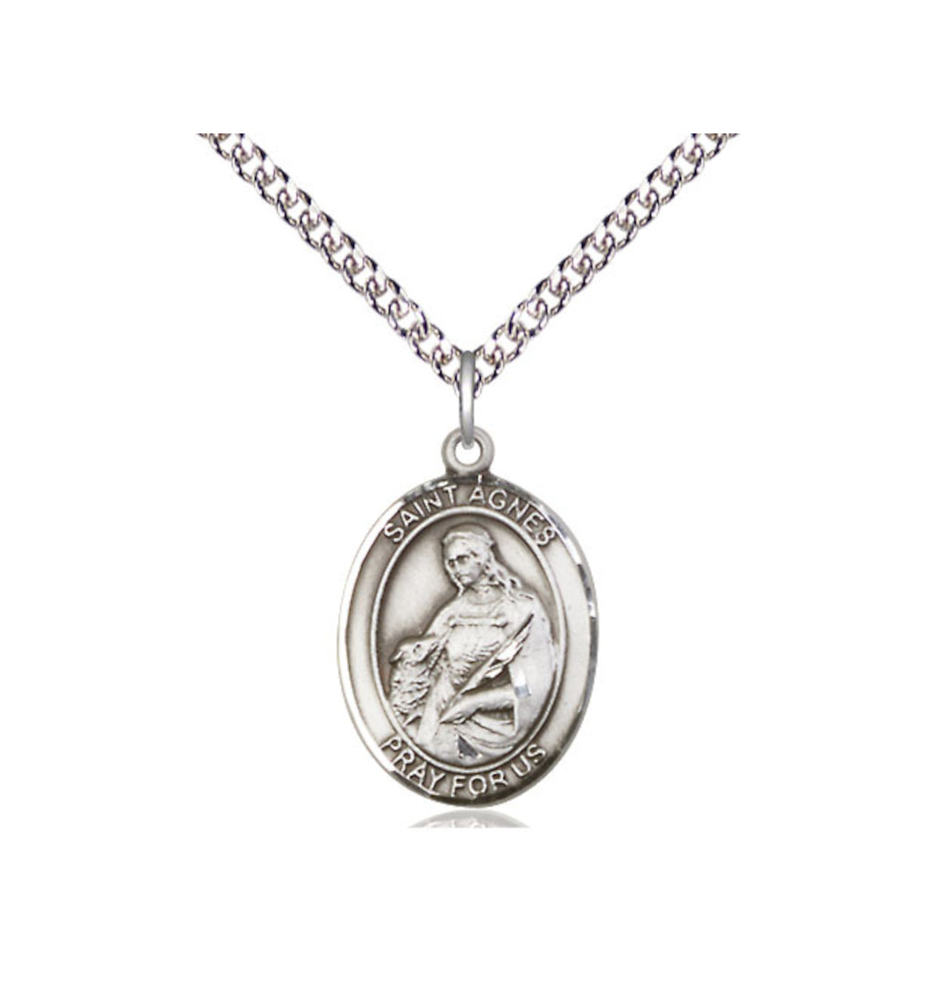 Engravable St Agnes of Rome Sterling Silver Medal Necklace with Sterling Silver Chain