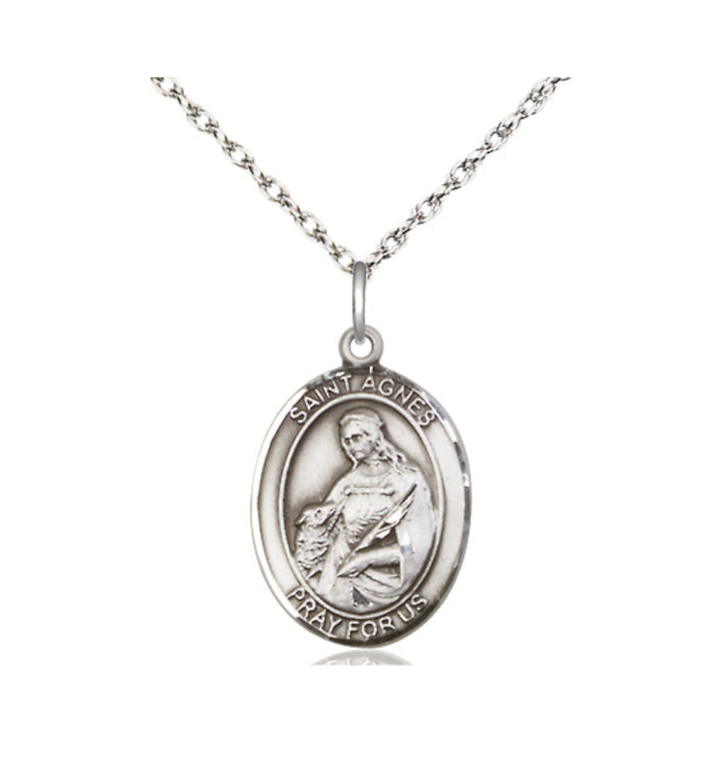 Engravable St Agnes of Rome Sterling Silver Medal Necklace with Rope Chain