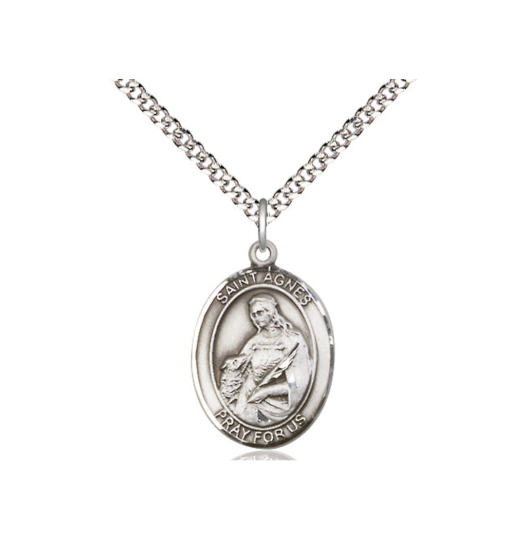 Engravable St Agnes of Rome Sterling Silver Medium Medal Necklace w/ Plated Chain