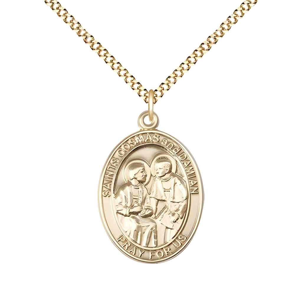 Medium St. Cosmas and St. Damian 14kt Gold-filled Oval Medal Pendant with Gold-plated Chain with Deluxe Gift Box