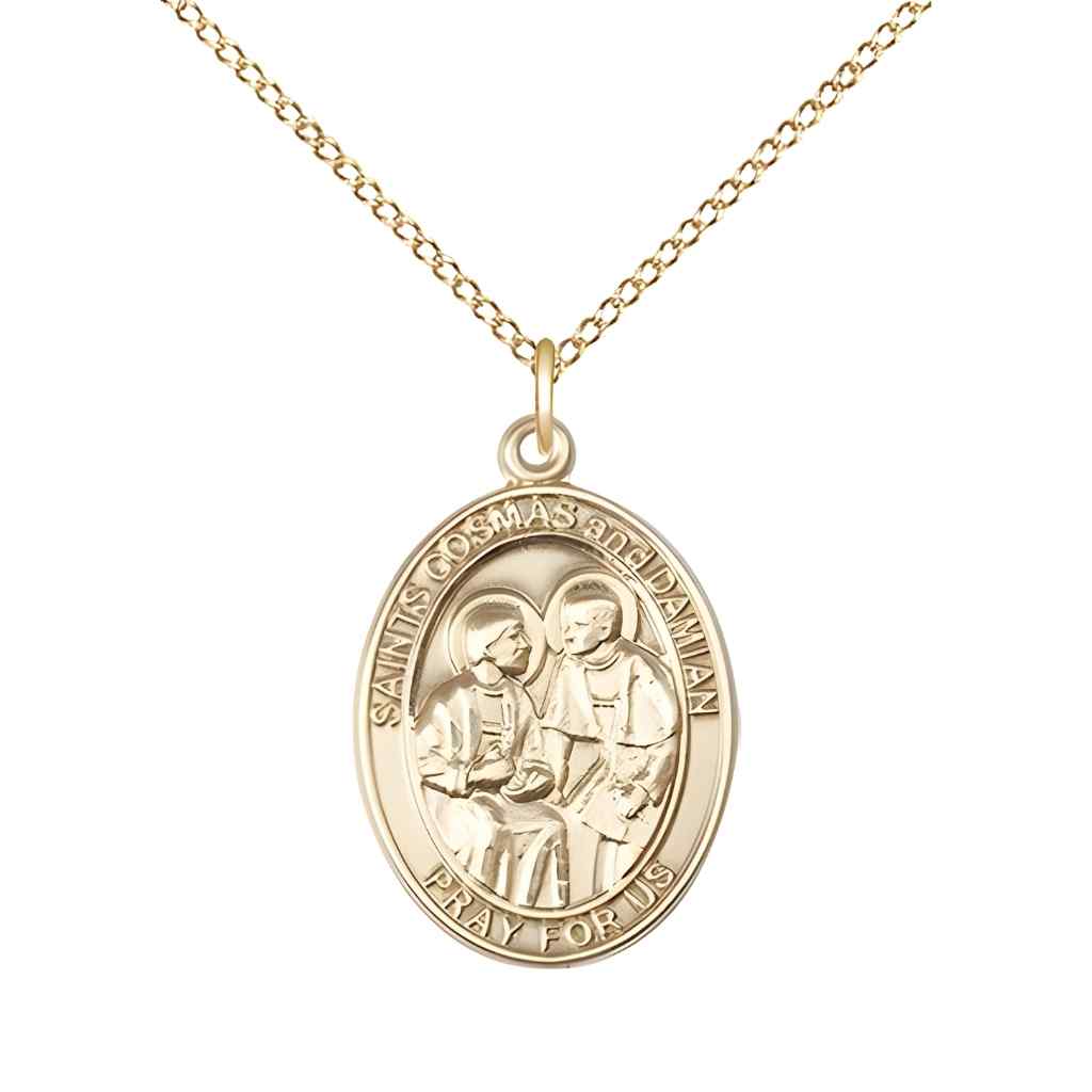 Medium St. Cosmas and St. Damian 14kt Gold Oval Medal Pendant with 14kt Gold Chain with Deluxe Gift Box
