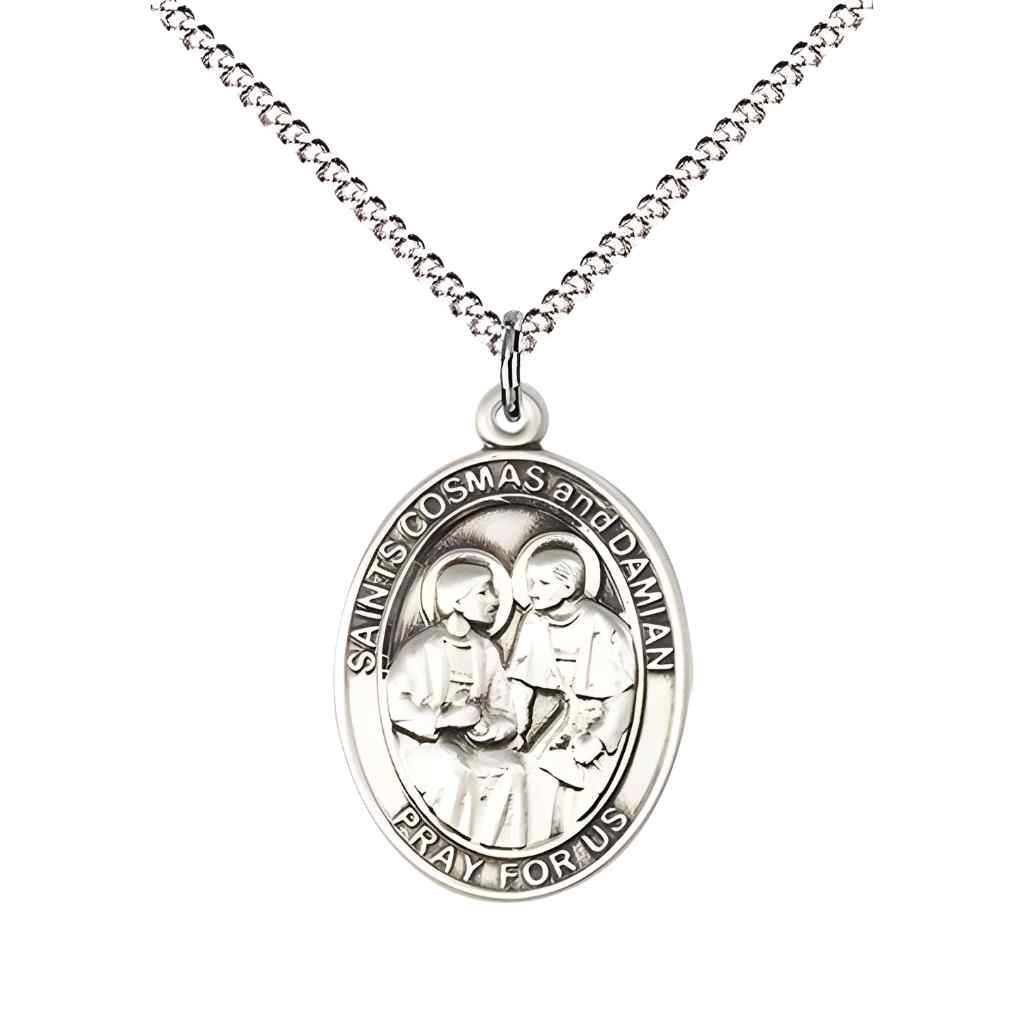 Medium St. Cosmas and St. Damian Pewter Oval Medal Pendant with Rhodium-plated Chain, Deluxe Gift Box