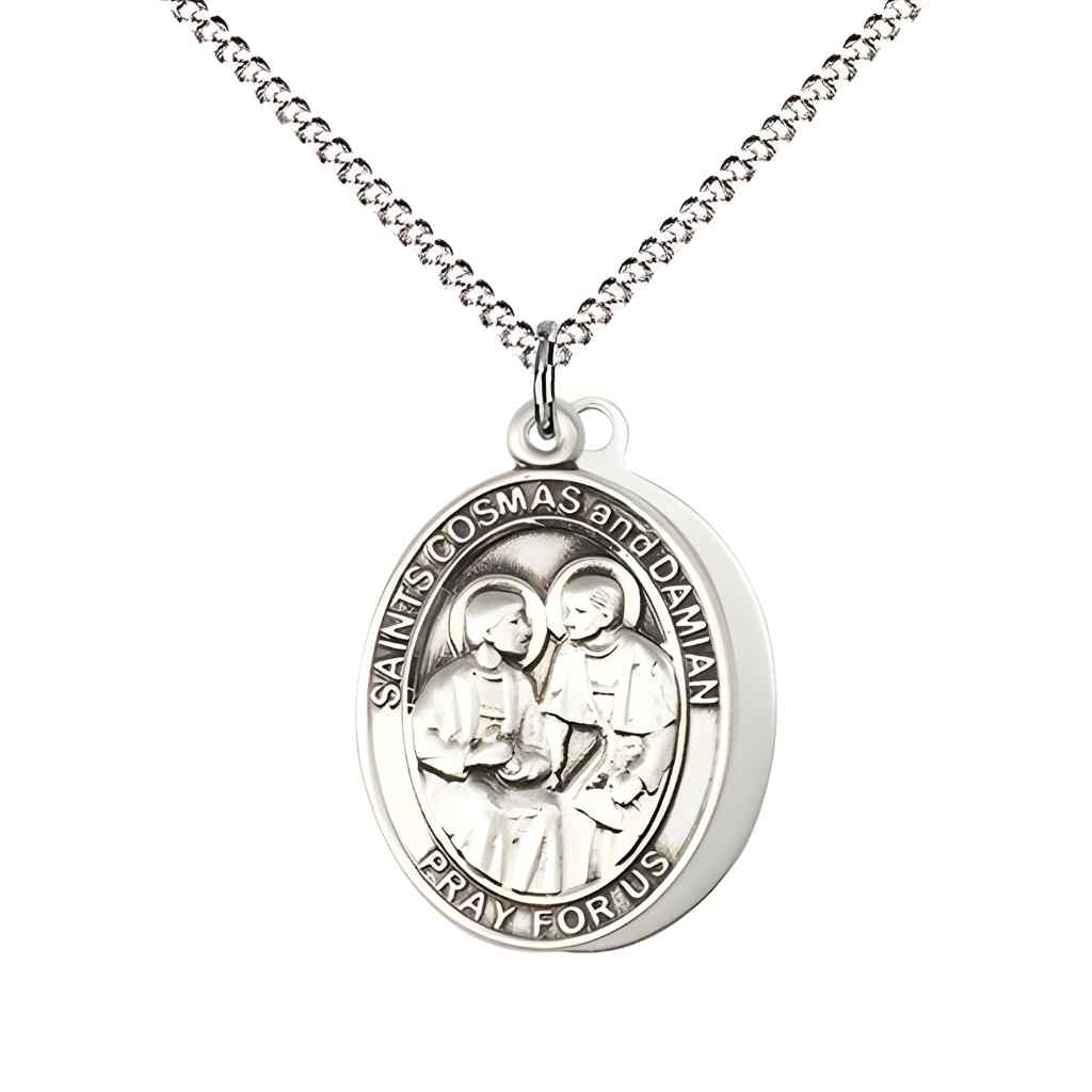 Medium St Cosmas and St Damian Doctors Sterling Silver Medal Necklace, (view 6), Bliss Manufacturing