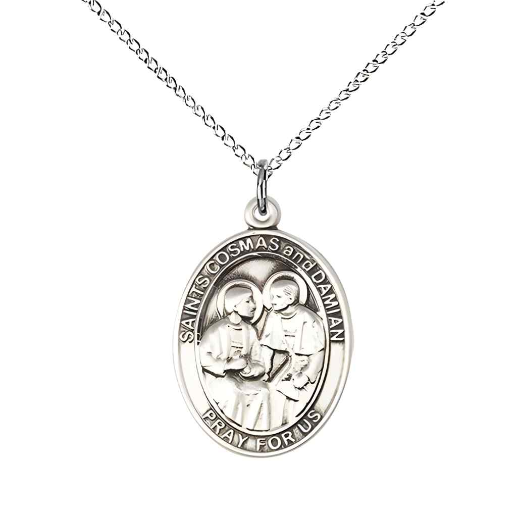 Medium St Cosmas and St Damian Necklace, sterling silver medal with optional engraving, sterling silver chain, Bliss Manufacturing