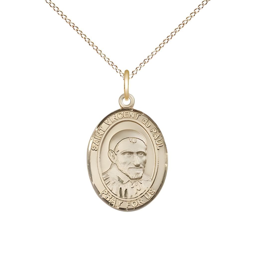 Bliss St. Vincent de Paul 14kt Gold-filled Oval Medal Pendant with Gold-filled Chain, Measures 3/4-inch tall by 1/2-inch wide.
