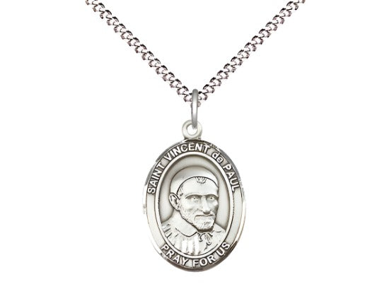 Bliss Sterling Silver St Vincent de Paul Pendant on a 18 inch Light Rhodium Light Curb Chain,