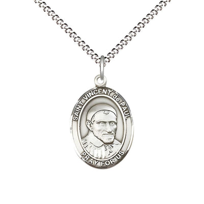 St. Vincent de Paul Sterling Silver Oval Medal Pendant with Rhodium-plated Chain, Measures 3/4-inch tall by 1/2-inch wide, Bliss Manufacturing