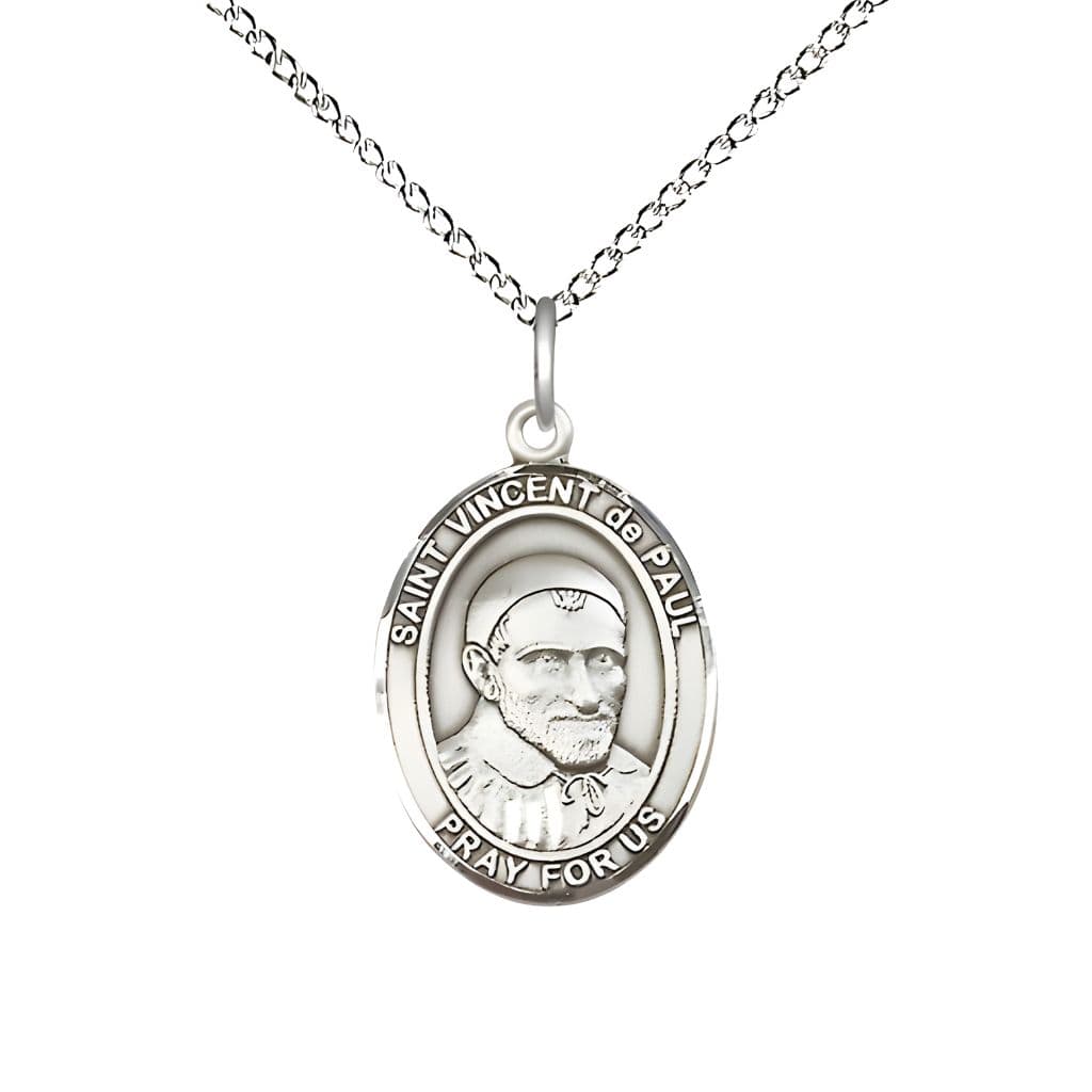 Bliss St. Vincent de Paul Sterling Silver Oval Medal Pendant with Sterling Silver Chain, Measures 3/4-inch tall by 1/2-inch wide.