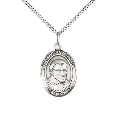 St. Vincent de Paul Sterling Silver Oval Medal Pendant with Sterling Silver Chain, Measures 3/4-inch tall by 1/2-inch wide, Bliss Manufacturing