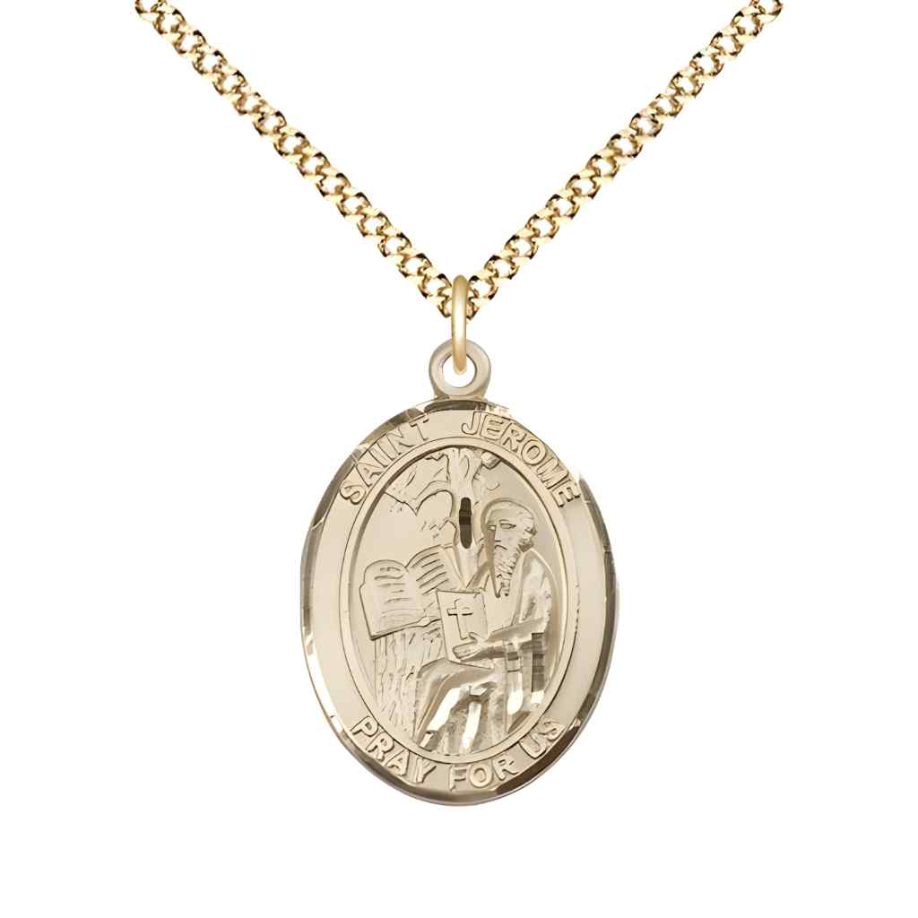 Medium St. Jerome 14kt Gold-filled Oval Medal Necklace with gold-plated chain & optional engraving. Made in the USA with a deluxe gift box
