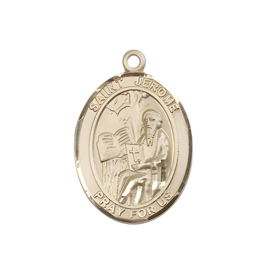Medium St. Jerome 14kt Gold Oval Medal Pendant optional engraving. Made in the USA with a deluxe gift box.