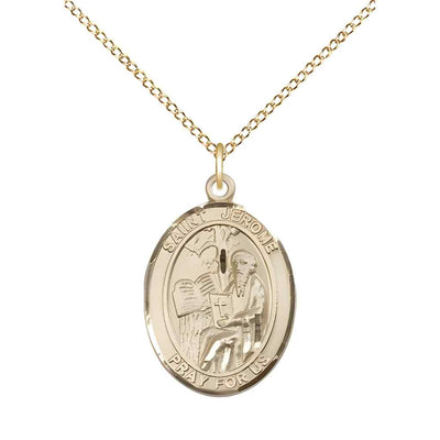 Medium St. Jerome 14kt Gold Oval Medal Pendant with optional chain & engraving. Made in the USA with a deluxe gift box.