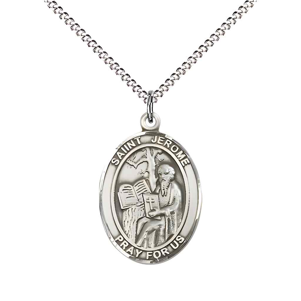 Medium St. Jerome Pewter Oval Medal Necklace with plated chain with optional chain & engraving. Made in the USA with a deluxe gift box.
