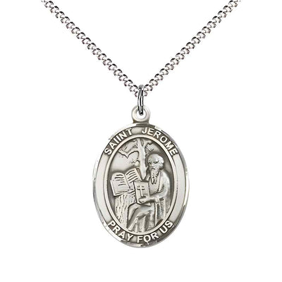 Medium St. Jerome Sterling Silver Oval Medal Necklace with plated chain & optional engraving. Made in the USA with a deluxe gift box
