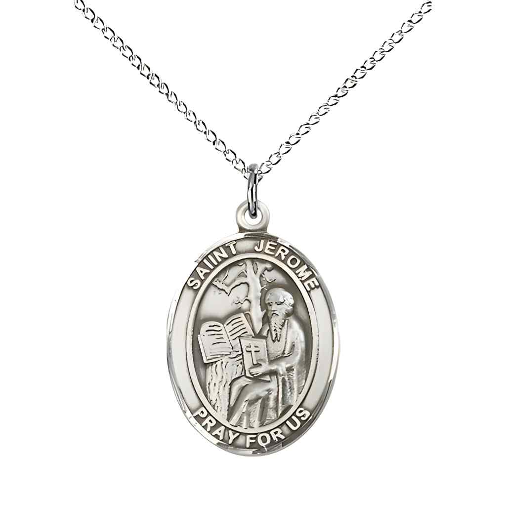 Medium St. Jerome Sterling Silver Oval Medal Necklace with sterling silver chain & optional engraving. Made in the USA with a deluxe gift box