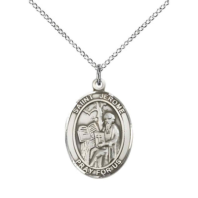Medium St. Jerome Sterling Silver Oval Medal Necklace with sterling silver chain & optional engraving. Made in the USA with a deluxe gift box