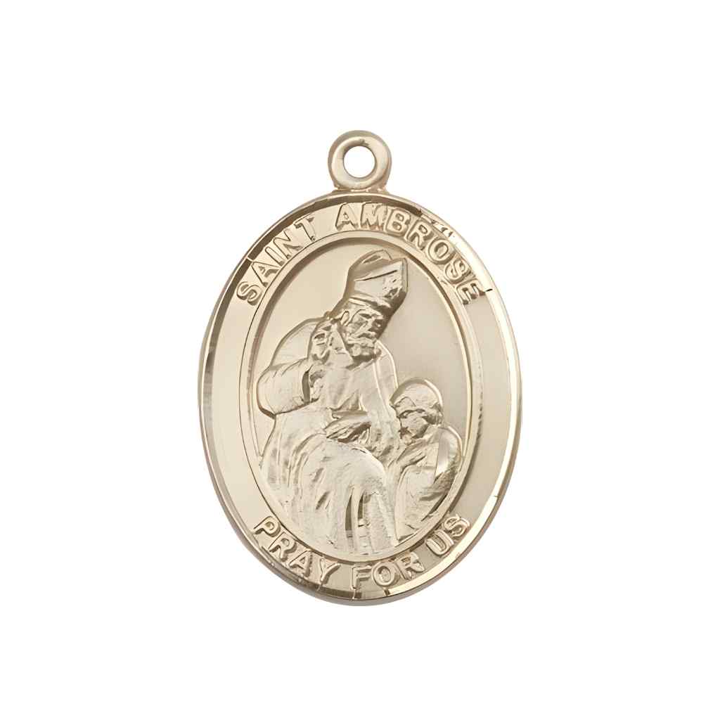 Medium Saint Ambrose 14kt Gold Oval Medal Pendant comes with Deluxe Gift Box | Bliss Manufacturing