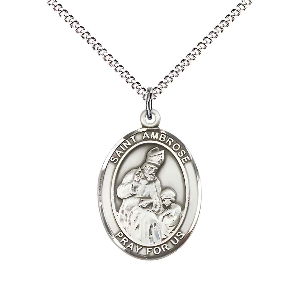 Medium Saint Ambrose Sterling Silver Oval Medal Pendant with 18" Rhodium-plated Curb Chain with Deluxe Gift Box | Bliss Manufacturing