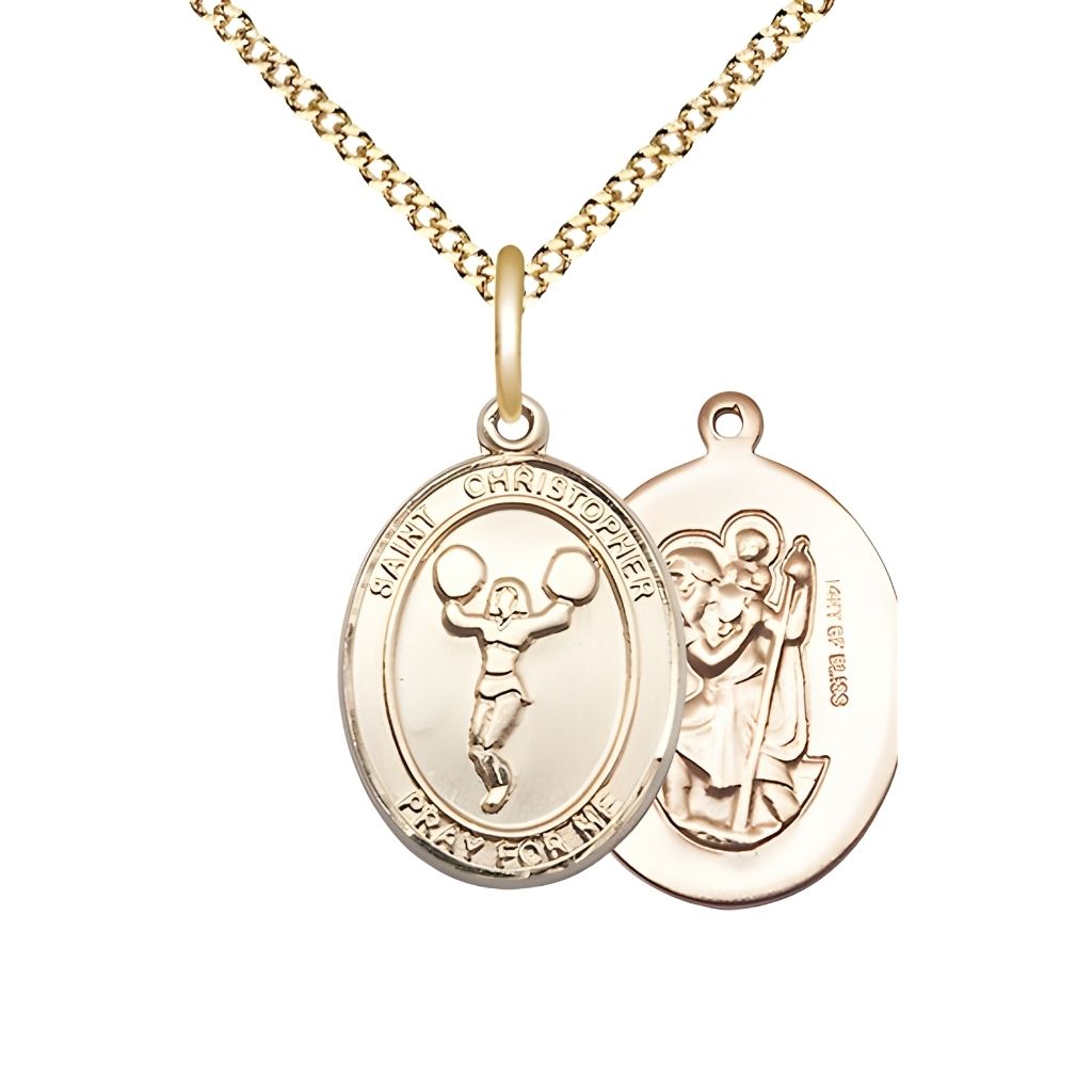Bliss St. Christopher Cheerleading Gold-filled Oval Medal with Gold-plated Chain and Gift Box, Measures 3/4-inch tall by 1/2-inch wide.