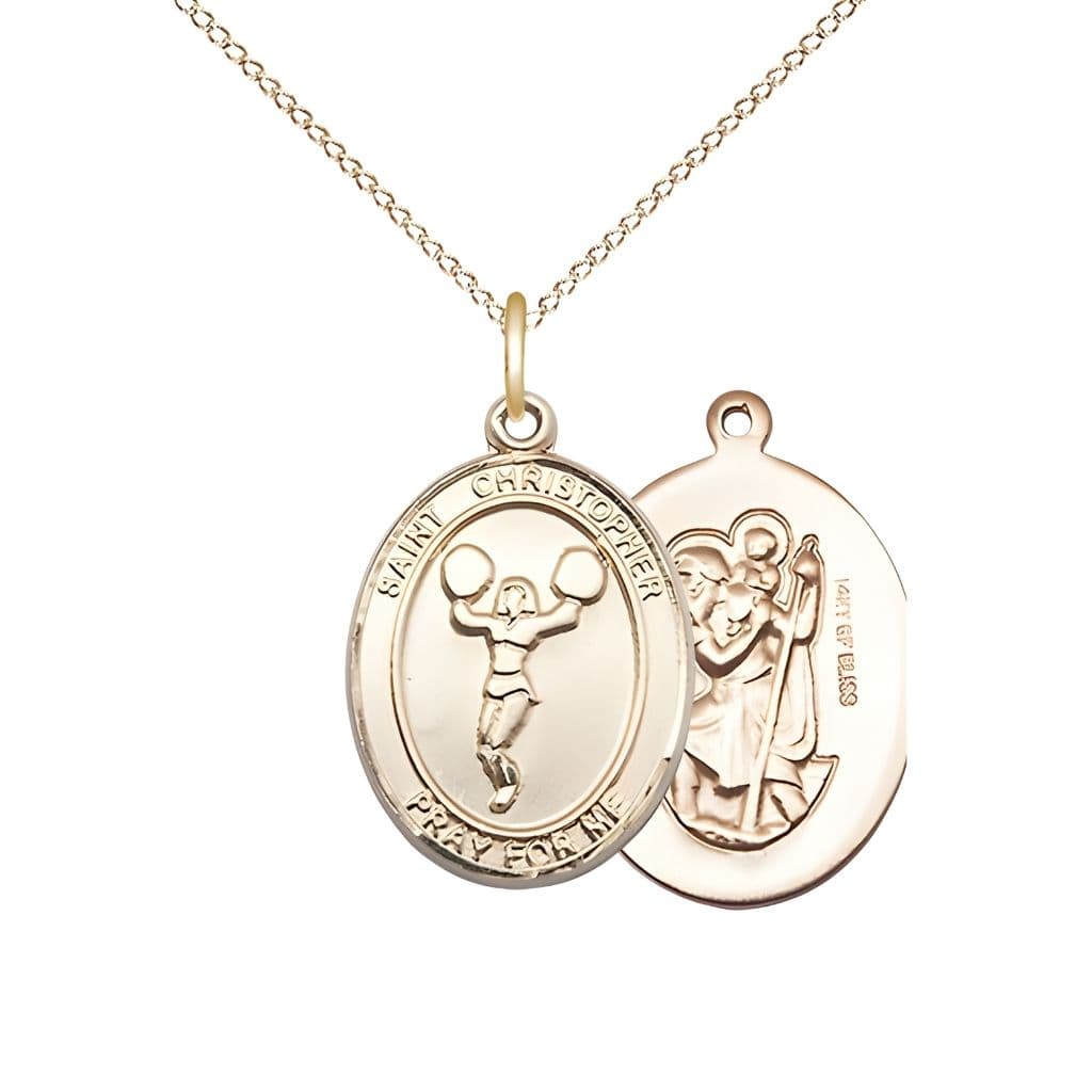 Bliss St. Christopher Cheerleading Gold-filled Oval Medal with Gold-filled Chain and Gift Box, Measures 3/4-inch tall by 1/2-inch wide.